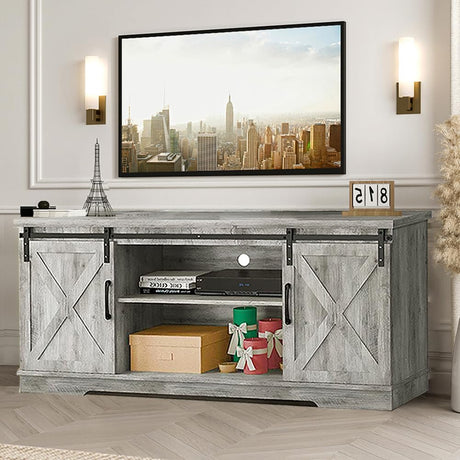 IDEALHOUSE TV Stand Farmhouse Entertainment Center for 65 Inch TV Media Console Cabinet, Gray Barn Doors TV Stand with Storage and Shelves, Modern TV Console Table Furniture (Gray) IDEALHOUSE