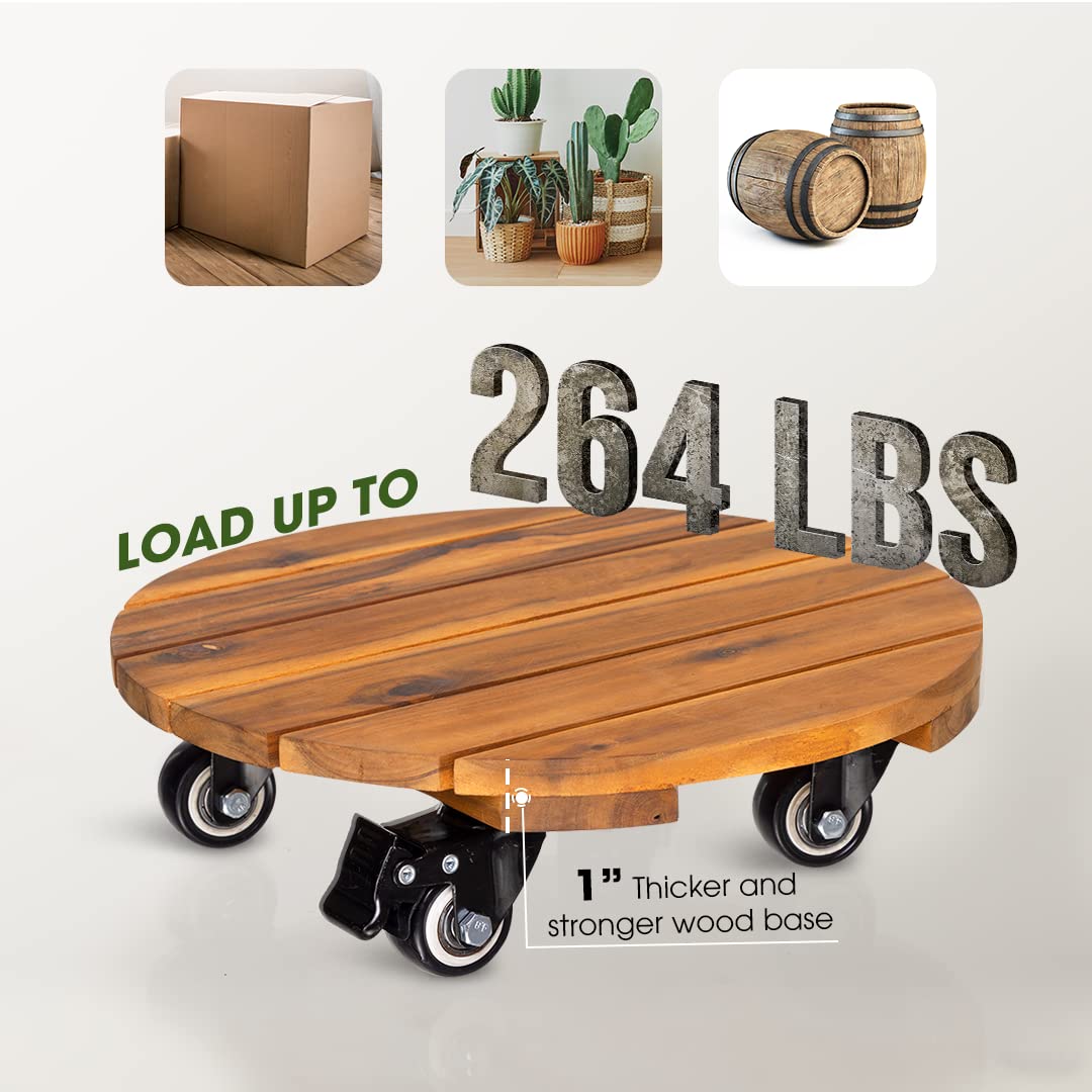 Idzo 2pack Wood Plant Caddy With Wheels Heavy Duty, 264 Lbs Capacity, 12 Inch Acacia Hardwood Plant Dolly, Plant Stand with 360° Lockable Wheels, Plant Caster for Heavy Objects Hauling - Natural Wood IDZO