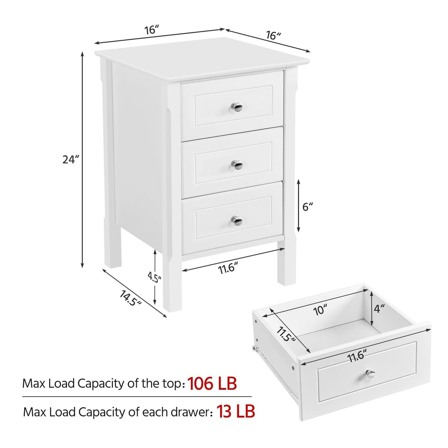 Yaheetech Bedside Table Set of 2, Nightstand with 3 Drawer and Solid Wood Legs, Accent Night Stand with Storage Cabinet for Home Office/Small Space, 16″ D × 16″ W × 24″ H, White