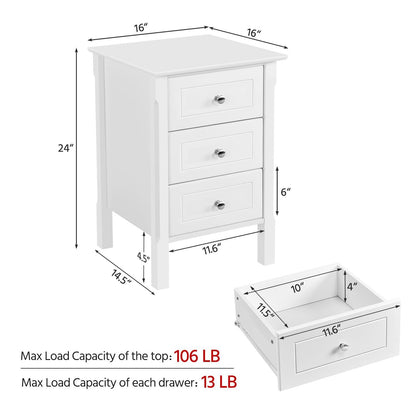 Yaheetech Bedside Table Set of 2, Nightstand with 3 Drawer and Solid Wood Legs, Accent Night Stand with Storage Cabinet for Home Office/Small Space, 16″ D × 16″ W × 24″ H, White