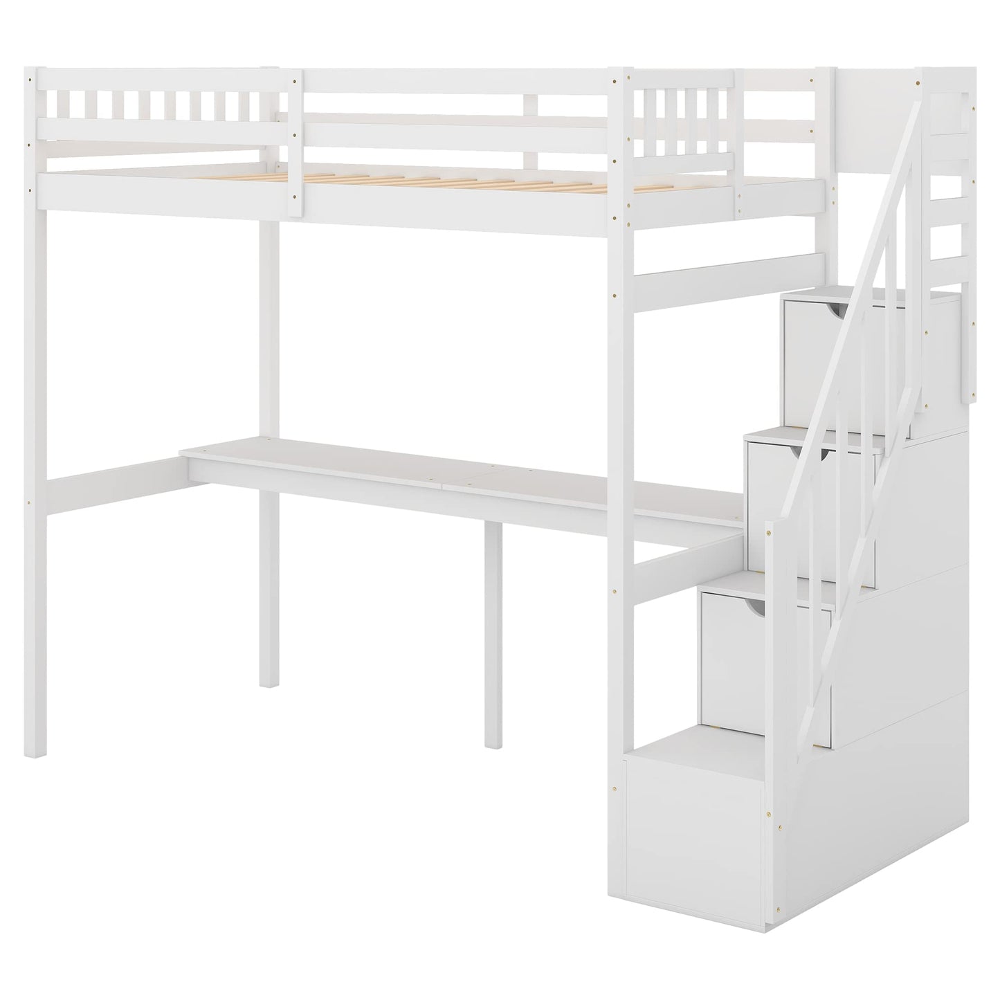 Twin Loft Bed with Desk and Stairs, Wood Loft Bed Frame Twin Size with Storage Staircase and Safety Rails for Kids Teens Adults, White