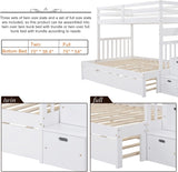 MERITLINE Twin Over Twin/Full Convertible Bunk Bed with Twin Trundle, Storage Stairs and Drawers,Solid Wood Detachable Bunk Bed with Storage Shelves for Adults,No Box Spring Needed (White) MERITLINE