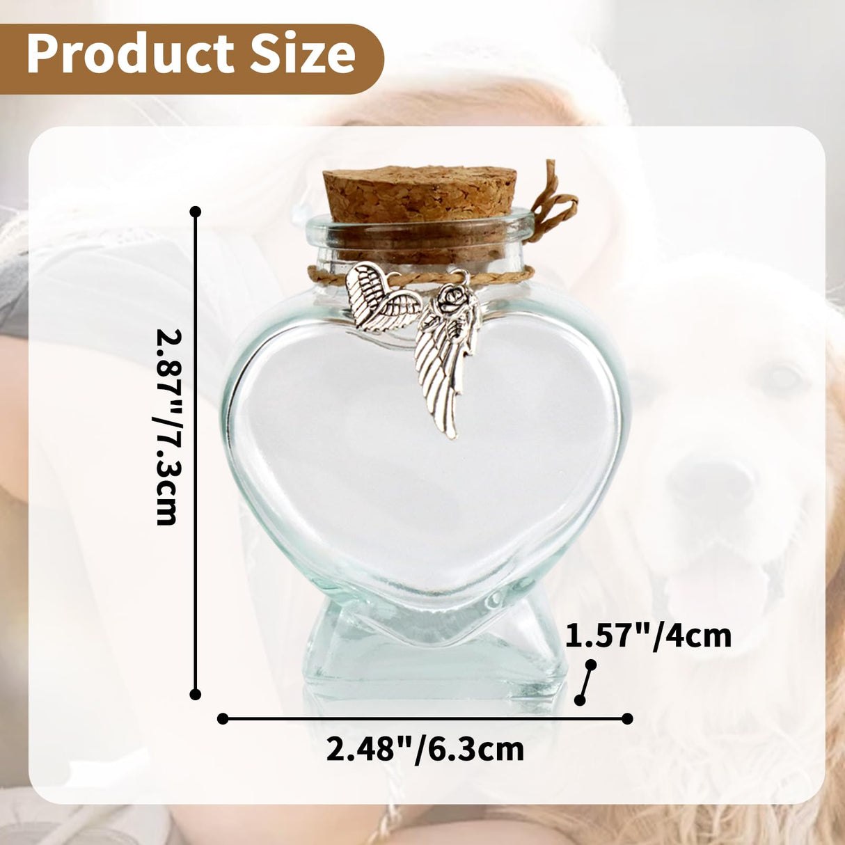 COSOWO Memorial Bottle for Pet Hair, Dogs & Cats Fur Memorial Glass Keepsake with 2 Silver Accessories, Pet Memorial Urn, Heart Shape COSOWO