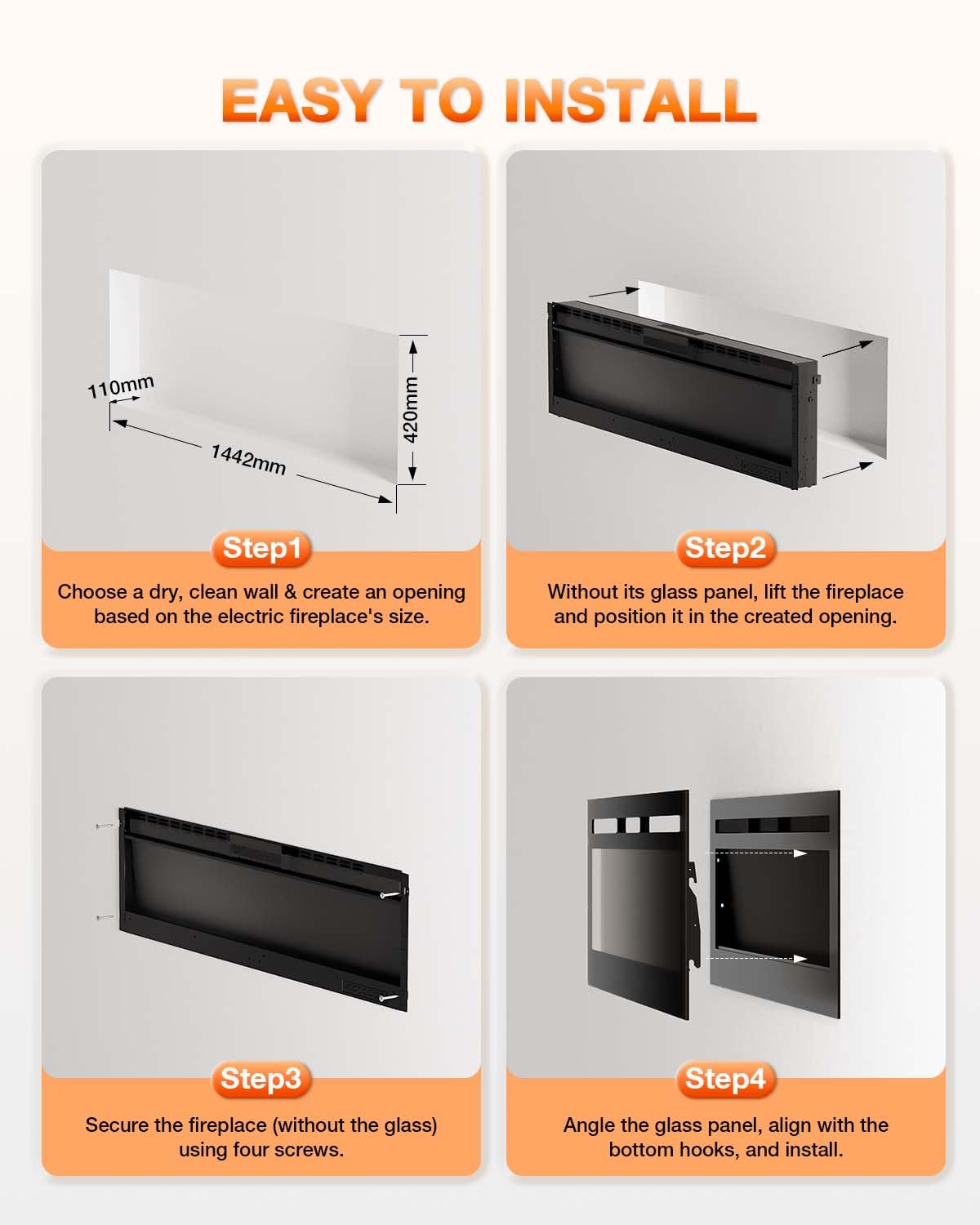 VISVEIL Electric Fireplace 60Inch,Realistic Flame Electric Fireplace Heater,Log Set/Crystal Flames 750-1500W with Timer Inserts/Wall Mounted/TV Stand Touch Screen & Remote for Living Room Easy Install VISVEIL