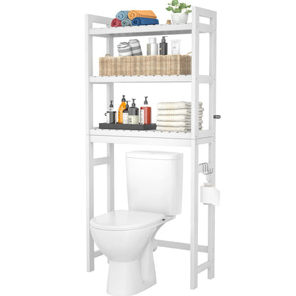 Homykic Over The Toilet Storage, Bamboo 3-Tier Over-The-Toilet Space Saver Organizer Rack, Stable Freestanding Above Toilet Stand with 3 Hooks for Bathroom, Restroom, Laundry, White