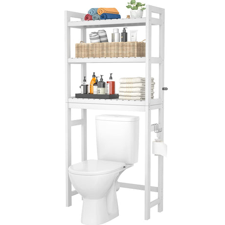 Homykic Over The Toilet Storage, Bamboo 3-Tier Over-The-Toilet Space Saver Organizer Rack, Stable Freestanding Above Toilet Stand with 3 Hooks for Bathroom, Restroom, Laundry, White Homykic