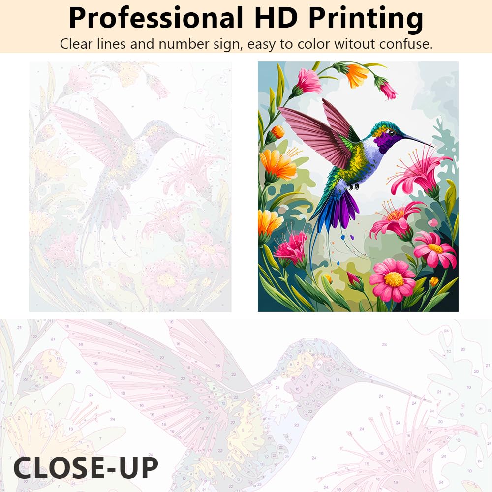 Rebotipy Paint by Numbers Kit for Adults Hummingbird Flower Floral Nature Bird Pattern Adult Paint by Number Kits on Canvas,DIY Oil Painting Kits for Home Wall Decor 16"x 20" Rebotipy