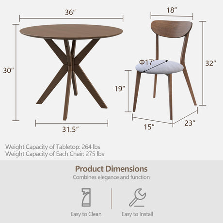 Giantex 3-Piece Dining Table and Chair Set, Wooden Kitchen Table Set, Farmhouse Round Kitchen Table and 2 Cushioned Dinette Chairs, Mid-Century Giantex