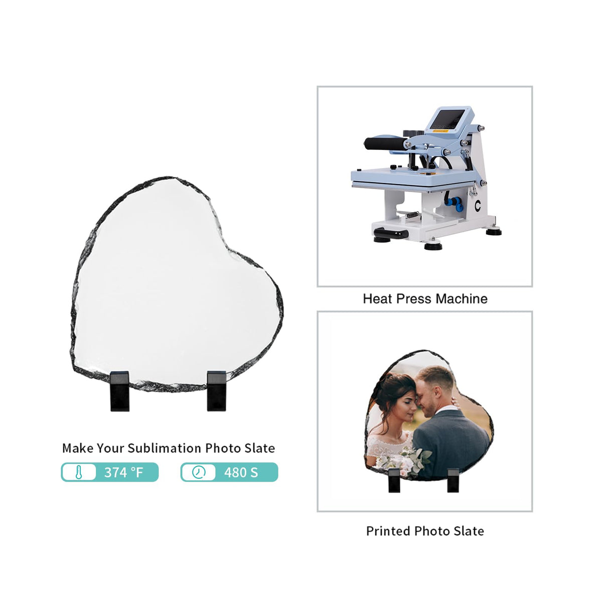 PYD Life 12 Pack Sublimation Photo Slates Heart Shape Rock Blanks 5.3 x 5.3 Inch Bulk Square Stone Frame White with Display Holder for Heat Press Transfer Printing PYD Life