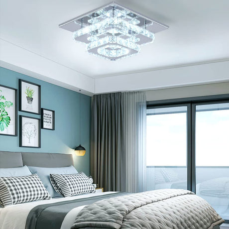 FRIXCHUR Crystal Ceiling Light Square Chandelier Modern LED Flush Mount 2 Layers Ceiling Lamp Lighting Fixture for Dining Room Living Room Bedrooms Kitchen Hallway Foyer (Cool White) FRIXCHUR