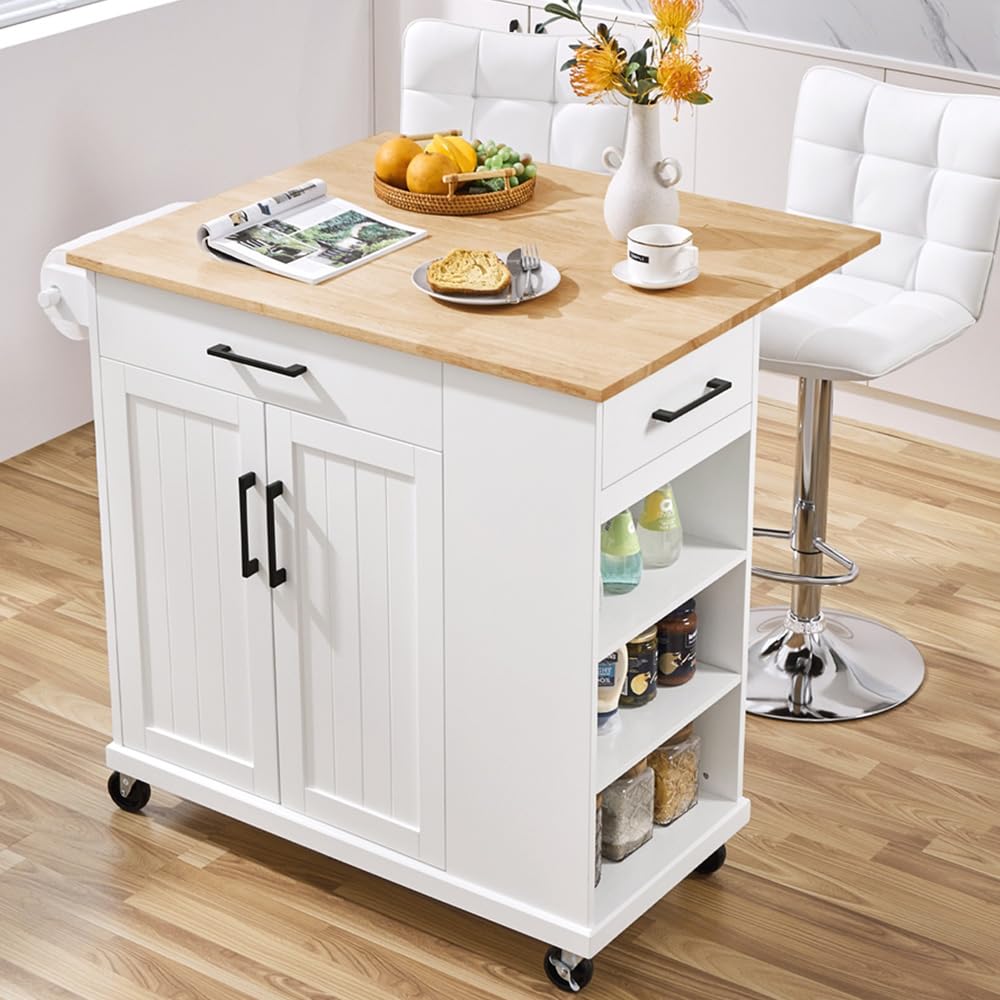 Yaheetech Rolling Kitchen Island Cart with Drop Leaf, Portable Rubberwood Breakfast Bar with Storage Cabinet, Open Shelves & Detachable Towel, 2 Drawers, White