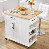 Yaheetech Rolling Kitchen Island Cart with Drop Leaf, Portable Rubberwood Breakfast Bar with Storage Cabinet, Open Shelves & Detachable Towel, 2 Drawers, White Yaheetech