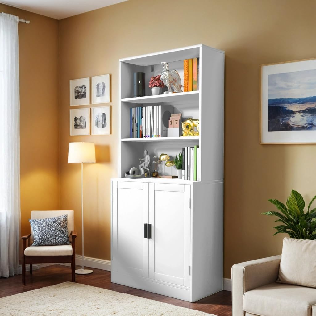 holzart 75" Tall Bookcase with Doors, 5 Tier Large Bookshelf with Cabinet, Standing Wood Display Book Shelf for Living Room, Office, Library with Doors, White holzart