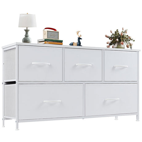 OLIXIS Dresser for Bedroom with 5 Drawers, Wide Chest of Drawers, Fabric Bedroom Dresser with Drawer Organizer, Storage Organizer Unit with Fabric Bins for Closet, Living Room, Hallway, Pure White OLIXIS