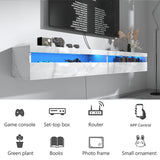 Floating TV Stand Wall Mounted with Power Outlet, Modern Floating Entertainment Center for 80 Inch TV, High Gloss Floating TV Shelf with LED Lights for Living Room, Bedroom, Marble White Doredo