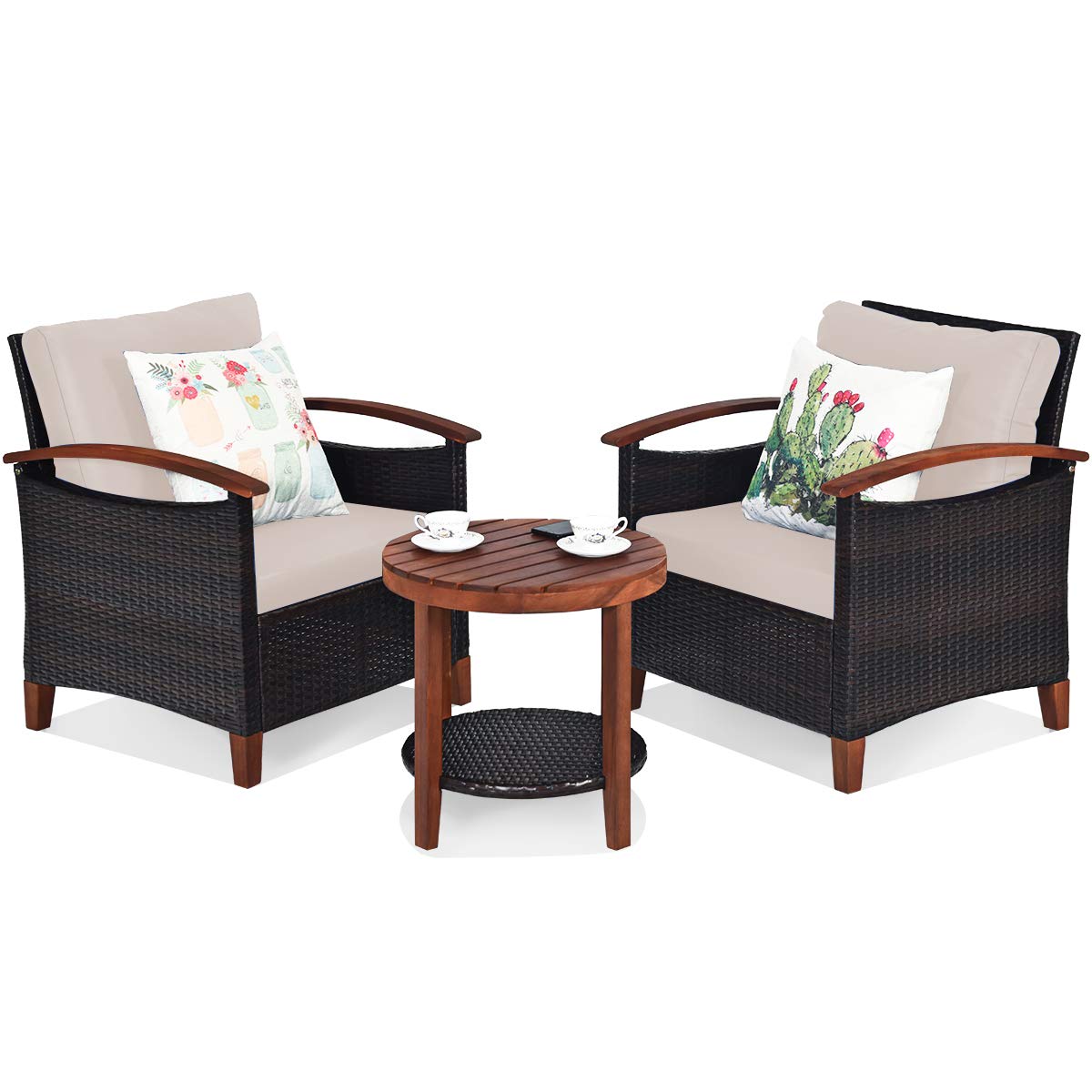 Tangkula 3 Pieces Patio Furniture Set, Outdoor Rattan Sofa and Side Table w/Solid Acacia Wood Frame, High Load Bearing Conversation Bistro Set w/Washable and Removable Cushions (Beige) Tangkula