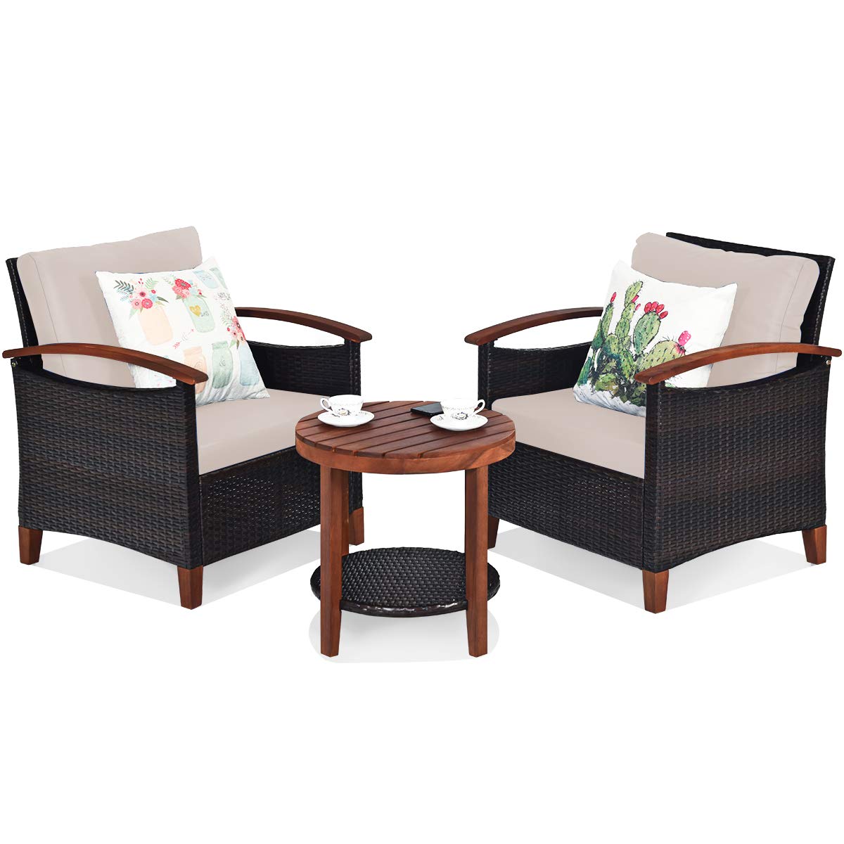 Tangkula 3 Pieces Patio Furniture Set, Outdoor Rattan Sofa and Side Table w/Solid Acacia Wood Frame, High Load Bearing Conversation Bistro Set w/Washable and Removable Cushions (Beige)