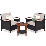 Tangkula 3 Pieces Patio Furniture Set, Outdoor Rattan Sofa and Side Table w/Solid Acacia Wood Frame, High Load Bearing Conversation Bistro Set w/Washable and Removable Cushions (Beige) Tangkula