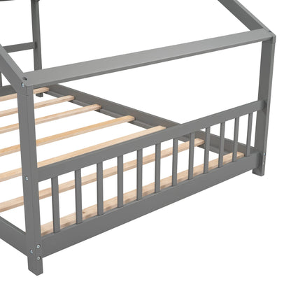 Bellemave Full-Size Montessori Floor Bed Frame with Playhouse Design in Grey - WoodArtSupply