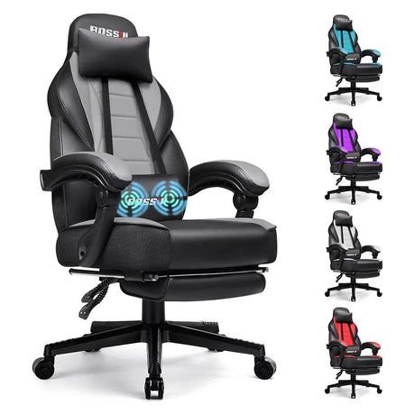 BOSSIN Gaming Chair with Massage, Ergonomic Heavy Duty Design with Footrest and Lumbar Support, Large Size Cushion High Back Office Chair, Big and Tall Gaming Computer Chair for Kids BOSSIN