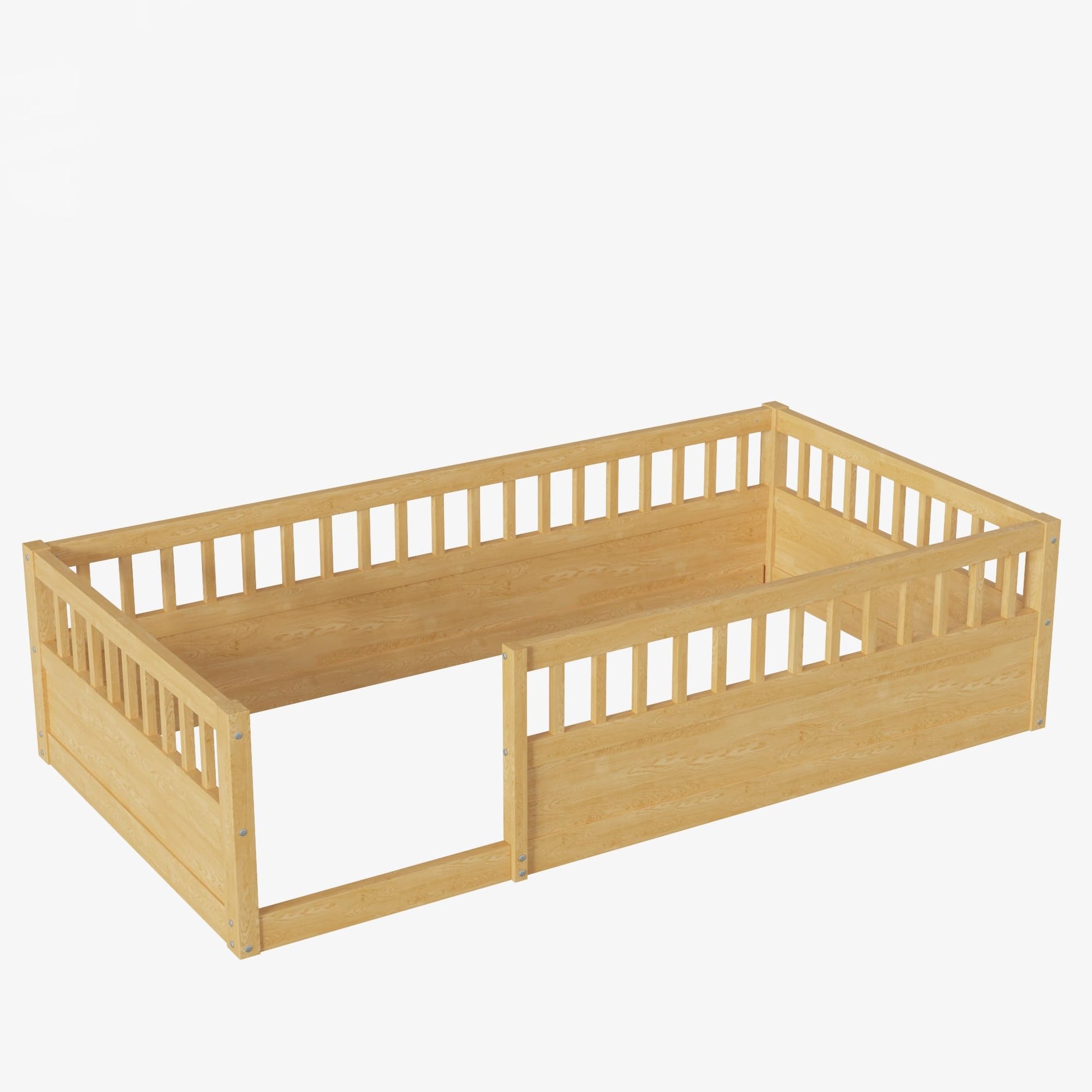 Mirightone Twin Size Montessori Floor Bed with High Fence Railings – Natural Wood Playhouse Design for Kids - WoodArtSupply