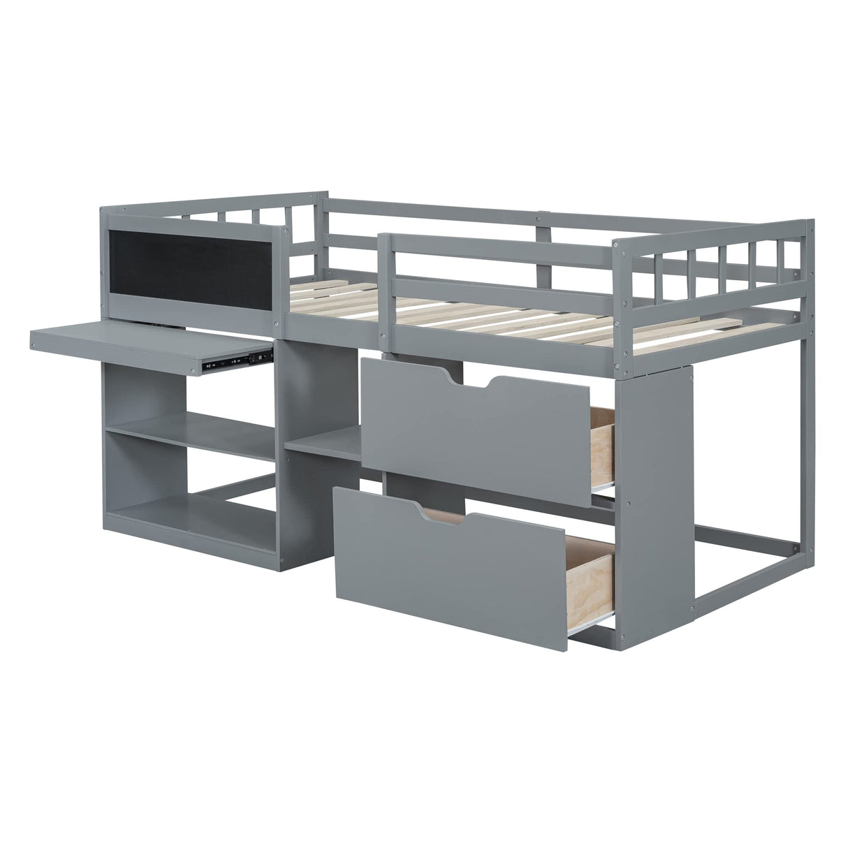 Harper & Bright Designs Twin Size Low Loft Bed with Storage Shelves and Drawers, Wooden Twin Size Loft Bed with Rolling Desk and Chalkboard, for Kids Teens Girls Boys - Gray Harper & Bright Designs
