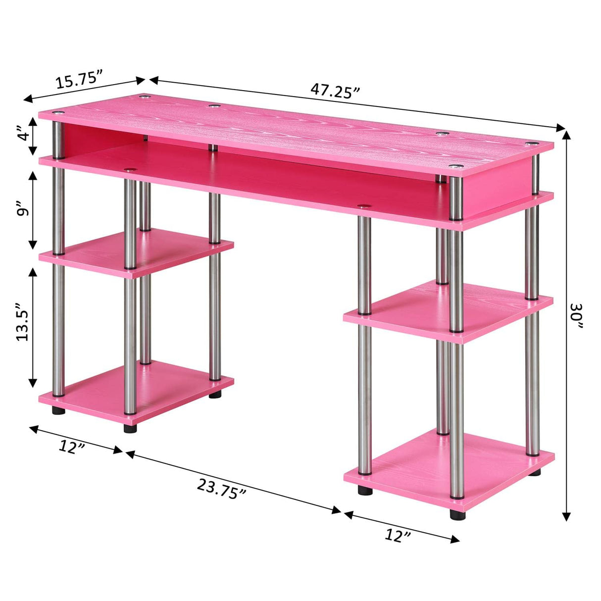 Convenience Concepts Designs2Go No Tools Desk Home Office Desk with Shelves, Corner Shelf Vanity Desk Computer Desk Nail Table for Nail Tech - 47.25" L x 15.75" W x 30" H, Pink Convenience Concepts
