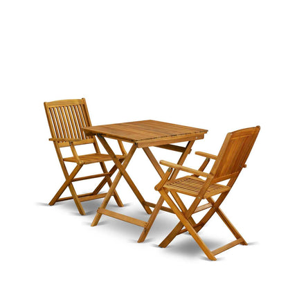 East West Furniture Selma 3 Piece Patio Bistro Set Contains a Square Outdoor Acacia Wood Coffee Table and 2 Folding Arm Chairs, 26x26 Inch, Natural Oil - WoodArtSupply