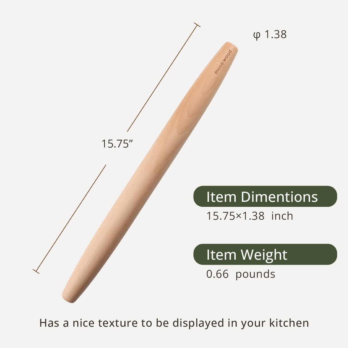 Muso Wood Wooden French Rolling Pin for Baking, Beech Wood Tapered Rolling Pin for Fondant Pie Crust Cookie Pastry(French 15.75-Inch) muso wood