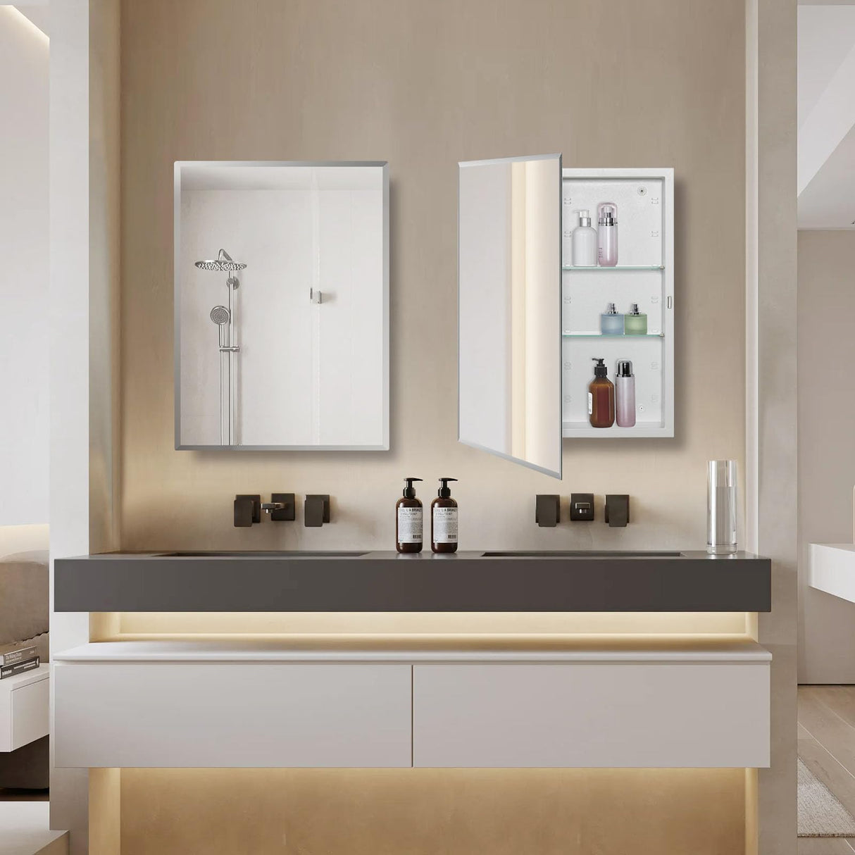 IDYLLOR Bathroom Medicine Cabinet with Beveled Edge Mirrored Door 14 x 18 inch, Recessed or Surface Mount, with Adjustable Glass Shelves IDYLLOR