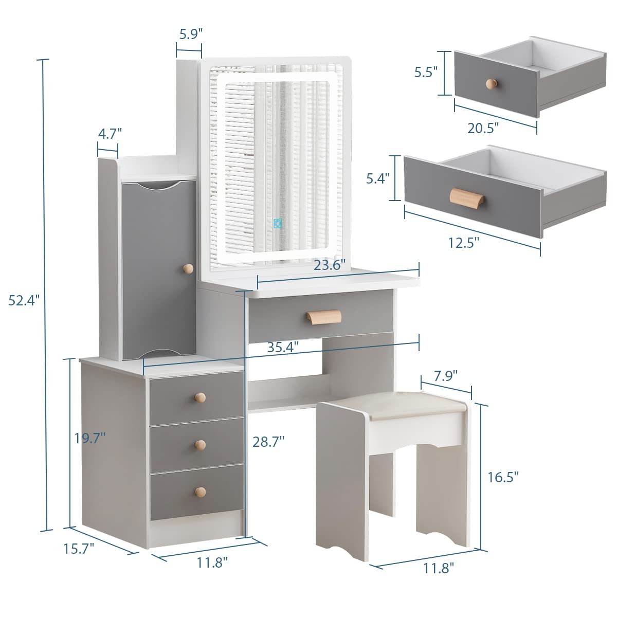 AGOTENI Small Vanity Table Makeup Vanity Dressing Table with Mirror, 4 Drawers & Shelves, Dressing Desk and Cushioned Stool Set (White/Grey, Slidding Lighted Mirror)