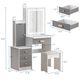AGOTENI Small Vanity Table Makeup Vanity Dressing Table with Mirror, 4 Drawers & Shelves, Dressing Desk and Cushioned Stool Set (White/Grey, Slidding Lighted Mirror) AGOTENI