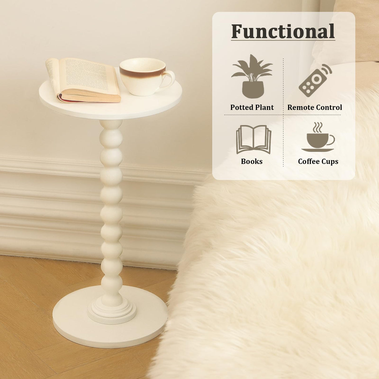 Fultyle Round Side Table, Small Drink Table for Small Spaces, Modern Accent End Table Coffee Table with Solid Wood Leg for Living Room, Bedroom, Corners, and Office (White) Fultyle