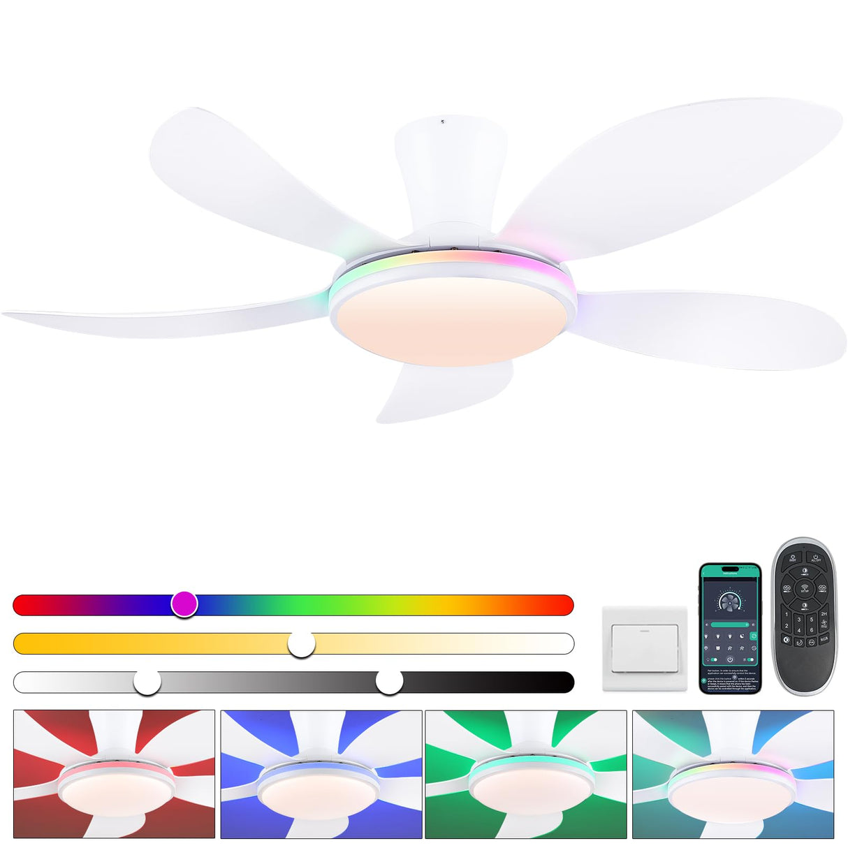 PHORUS RGB Ceiling Fans with Lights and Remote/APP,48" White Low Profile Ceiling Fans with Quiet Reversible DC Motor, Dimmable LED Ceiling Fans with 3 Colors 6 Speeds PHORUS
