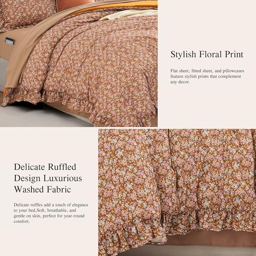 BLOOMHAVEN Queen Comforter Set - 7 Pieces Ruffle Brown Bedding Sets, Shabby Chic Farmhouse Bed in a Bag with Ruffle Comforter, Sheets, Pillowcases & Shams BLOOMHAVEN