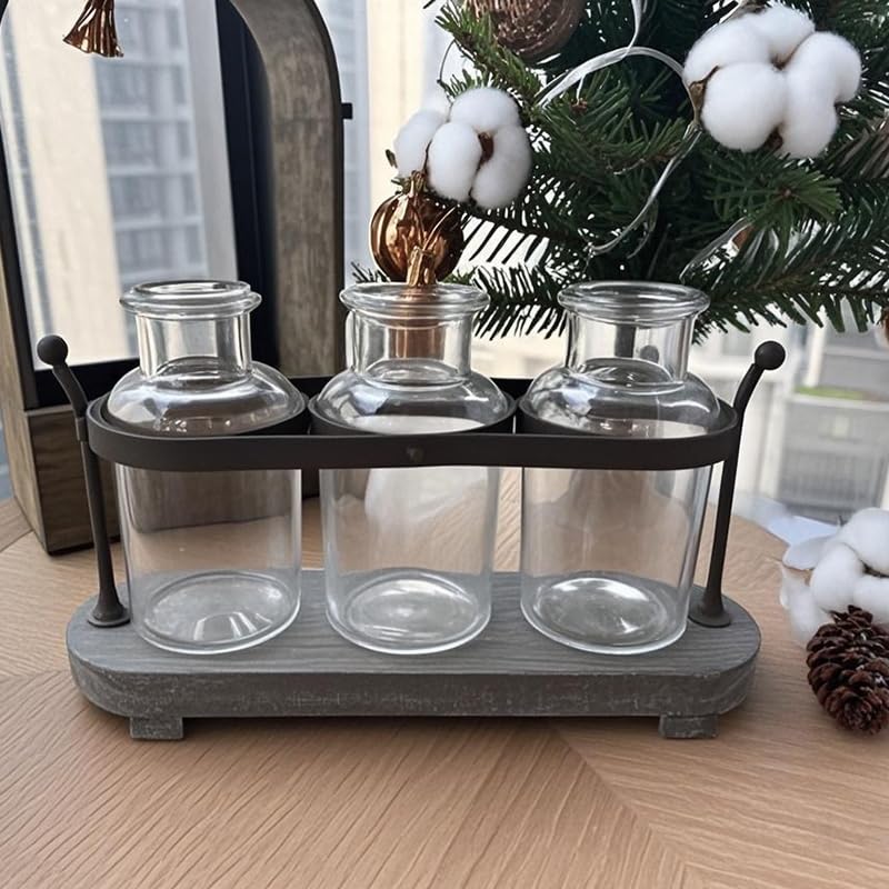 Funsoba Propagation Stations with Rustic Wood Metal Stand, Glass Vase Set with Wicker Basket Holder, 3 Bottles, Rustic Farmhouse Decor, Home and Office Table Decor (Set of 3 Bottles) FUNSOBA