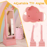 HONEY JOY Kids Jewelry Armoire Cabinet, 2-Angle Tilting Wooden Standing Jewelry Organizer with Full-length Mirror and Storage Drawers, Children Dress Up Jewelry Cabinet for Little Girls (Pink) HONEY JOY