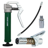 LockNLube Mini Grease Gun Kit. Includes Our Patented Grease Coupler (Locks on, Stays on, Won't Leak!) Plus a 12 Hose and in-line Hose Swivel. LockNLube