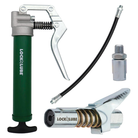 LockNLube Mini Grease Gun Kit. Includes Our Patented Grease Coupler (Locks on, Stays on, Won't Leak!) Plus a 12 Hose and in-line Hose Swivel. LockNLube