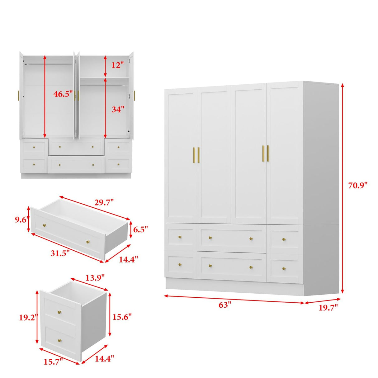 TAMUNE Large Wardrobe Armoire Closet with 4 Doors, White Wardrobe with Hanging Rods and Drawers, Shelf, Bedroom Armoire, Modern Clothes Wardrobes with Gold Handles, 19.7”D x 63”W x 70.9”H TAMUNE