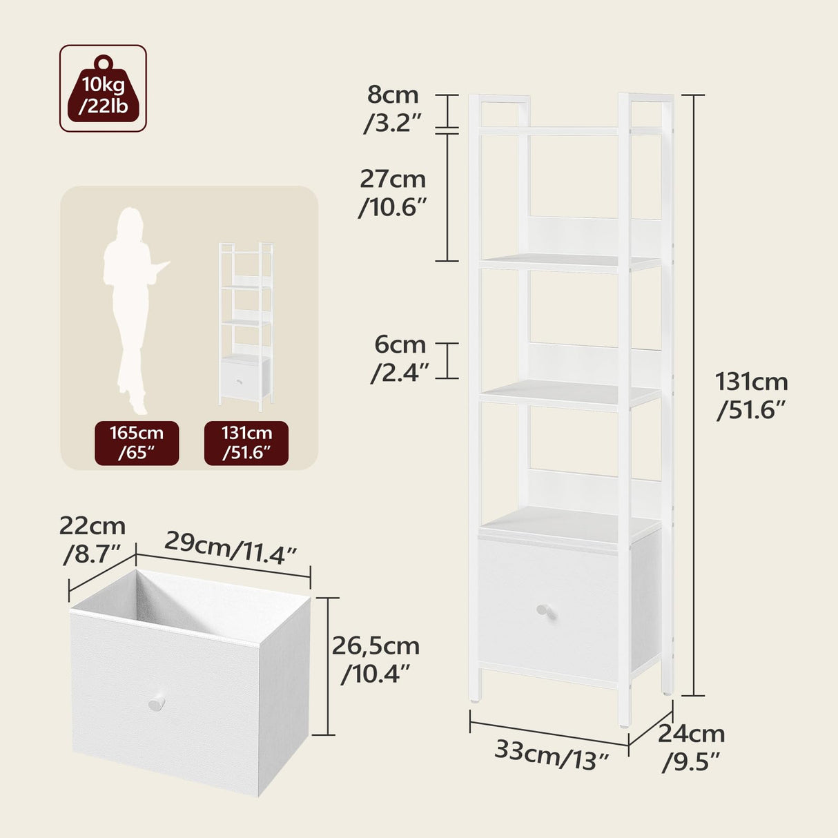 MAHANCRIS Bookshelf, 5-Tier Bookcase with Drawer, Small Book Shelf for Small Space, Storage Shelf Organizer, for Living Room, Bedroom, Study, Kitchen, White BKWT55101 MAHANCRIS