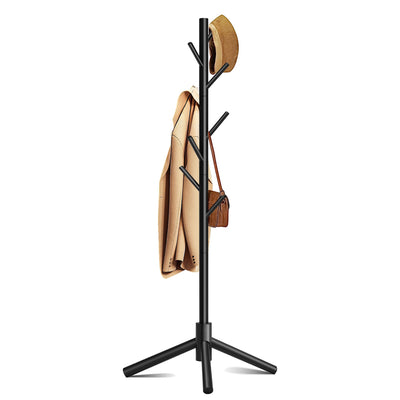 Azaeahom Wooden Coat Rack, Free Standing Coat Rack with 8 Hooks 3 Adjustable Heights for Clothes, Hats, Handbags, Coat Tree Easy Assembly for Entryway, Bedroom, Hallway, Office (New Black)