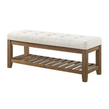 24KF Large Rectangular Upholstered Tufted Linen Ottoman Bench, Padded Bench with Solid Wood Shelf-Ivory 24KF