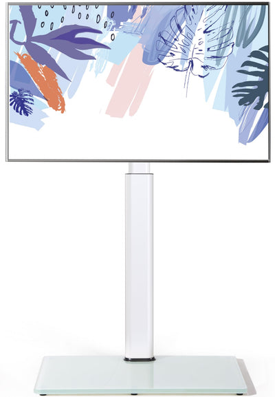 FITUEYES Floor TV Stand for 32 39 40 43 49 50 55 60 Inch TVs, TV Floor Stand with Swivel Mount, Max Holds 66lbs, White Glass Base, Height Adjustable TV Mount for Corner & Bedroom (None Shelf, White)