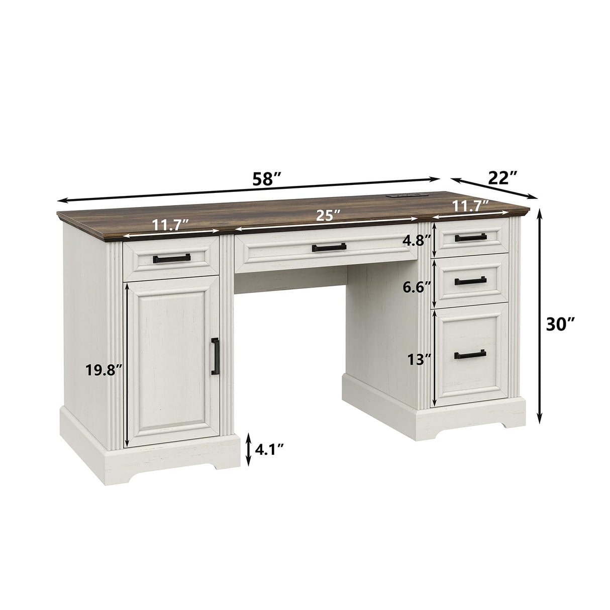Furniouse 58" Executive Desk, Farmhouse Computer Desk with Drawers and Cabinet with Charging Station, Wooden Home Office Desk, Workspace for Work Study Writing, Brown Tabletop, Off White Furniouse