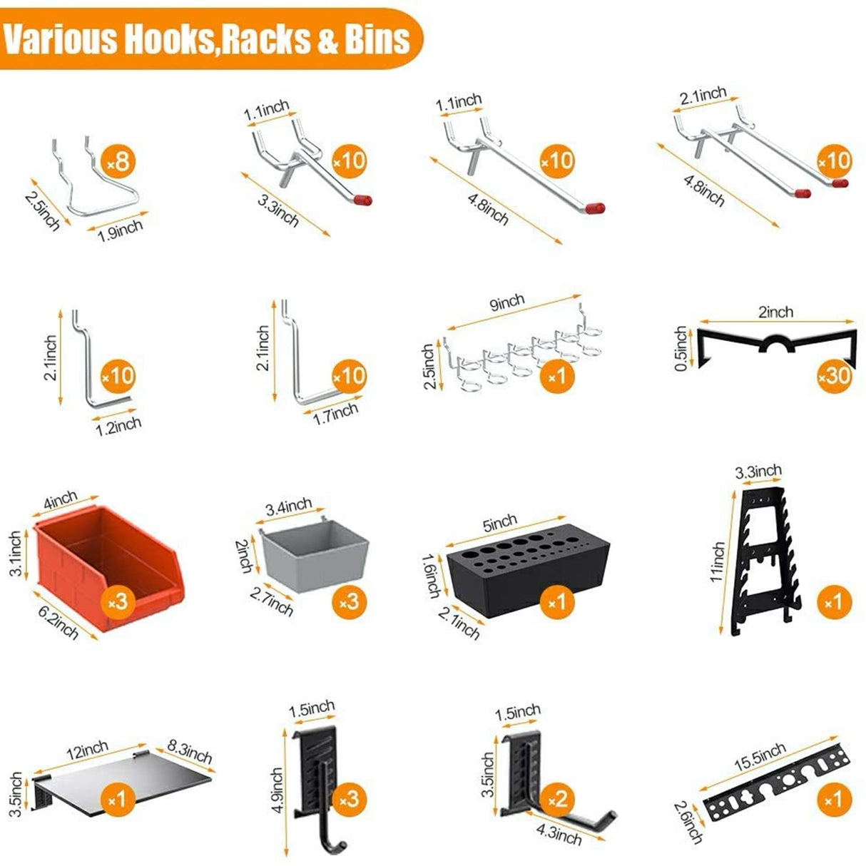 TORACK 109Pcs Wall Organizer Utility Storage Kit with Toolboard Hooks & Accessories, 4 ft. Metal Pegboard for Garage with Wall Mounted Bins & Racks TORACK