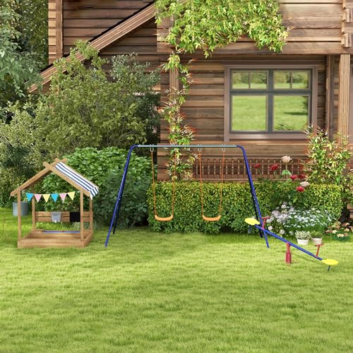 Outsunny Wooden Sandbox with Canopy, Kids Sand Pit with Liner, Blackboard, Sink, Playset, Flags, House Design, Outdoor Sandbox for 3-7 Years Old, 49" x 46" x 57.5", Brown Aosom