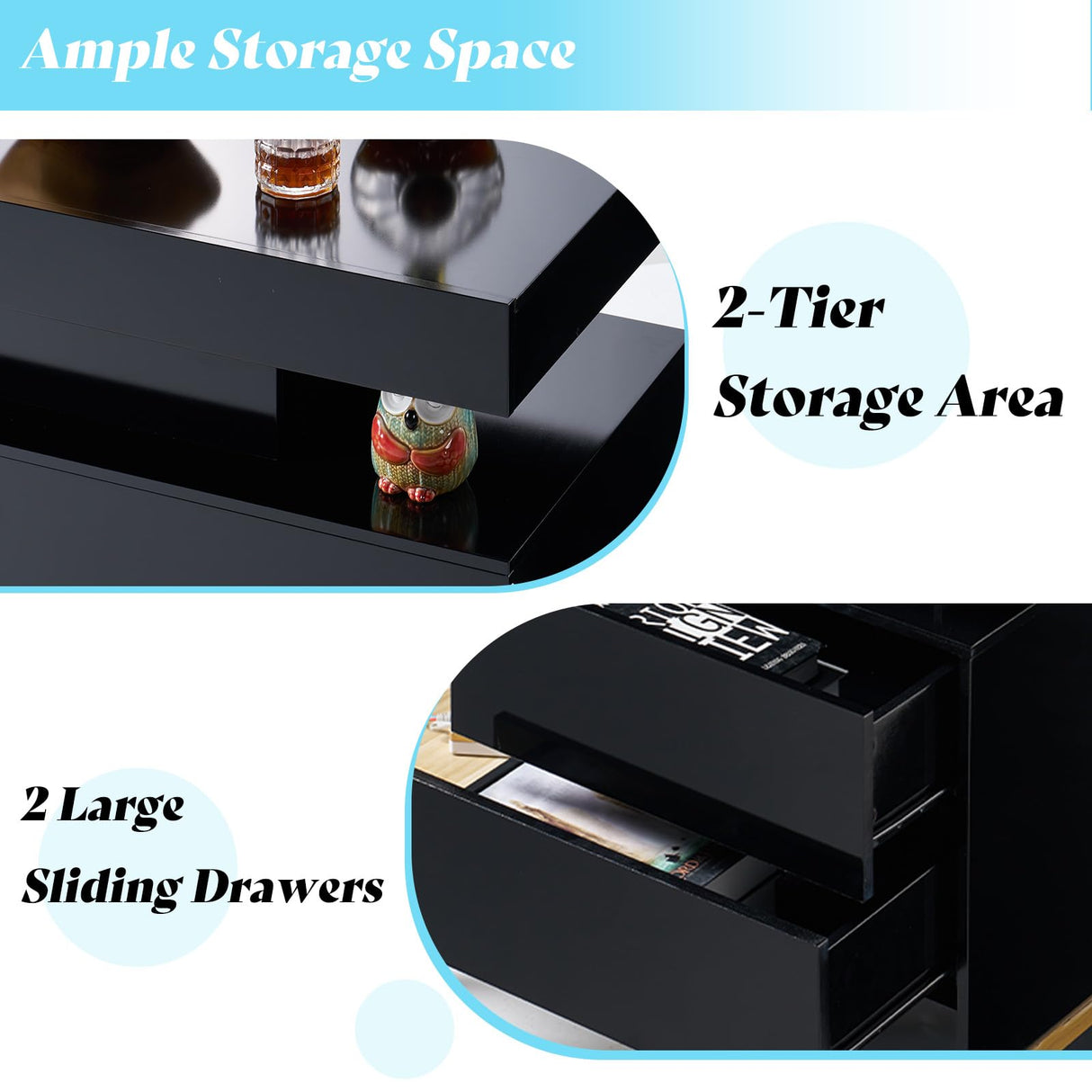 AMERLIFE High Gloss 3 Pieces Living Room Table Set, Modern LED Coffee Table Sets of 3, 2-Tier Center Table with 2 End Side Tables, LED Lights Bedside Table Nightstands with Charging Station, Black AMERLIFE