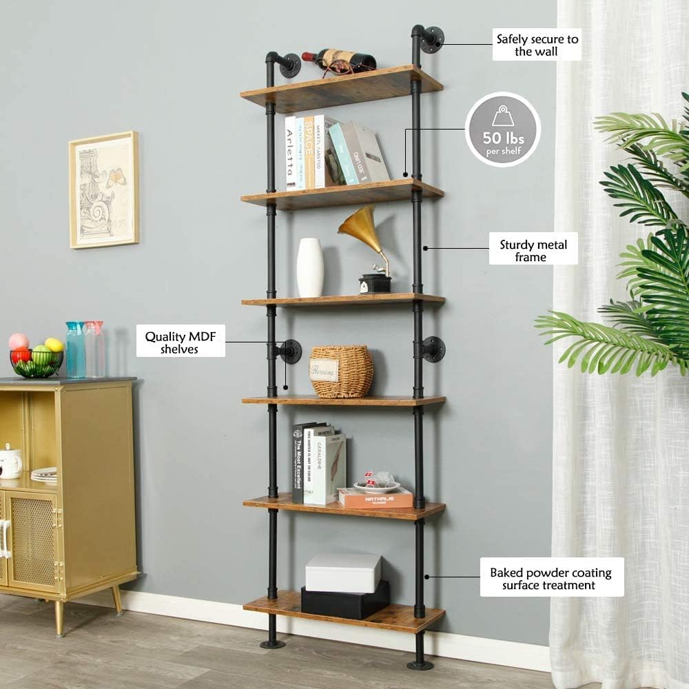 ZIOTHUM 6-Tier Industrial Pipe Shelves Shelf Shelving Rustic Wood Metal Wrought Iron Ladder Bookcase Bookshelf Wall Mounted Mount DIY Loft Vintage Floating Hanging Storage Display (23.6x9.8x78.7”) ZIOTHUM