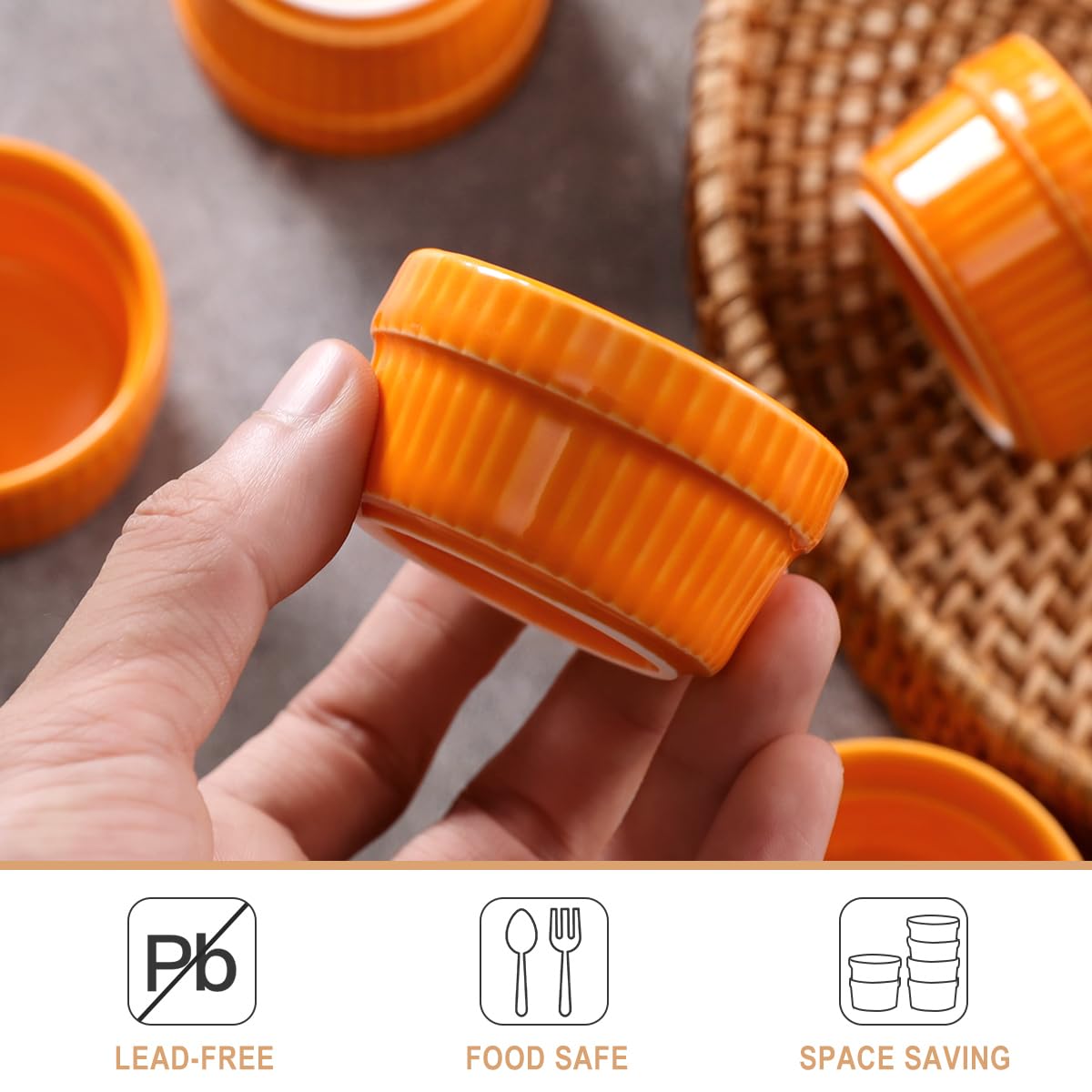 Creme Brulee Ramekins 1.5 oz Set of 6 Oven Safe, Vidalenta Ceramic Dipping Sauce Cups Dessert Dishes Bowls for Kitchen Custard Dessert Charcuterie Board, Orange Vidalenta